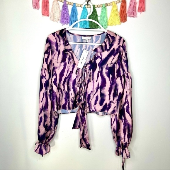 Topshop Pink and Purple Tie Dye Ruffle Flouncy Lightweight Blouse Size 6 - Picture 3 of 16